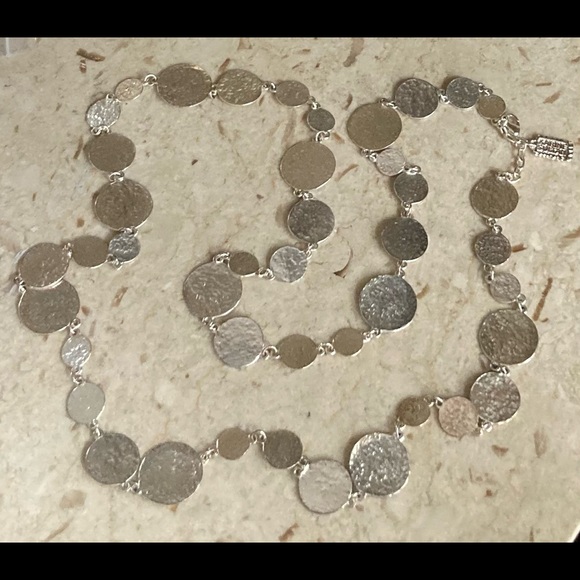 Karine Sultan Signed Silver Tone Disk Necklace - Picture 2 of 5